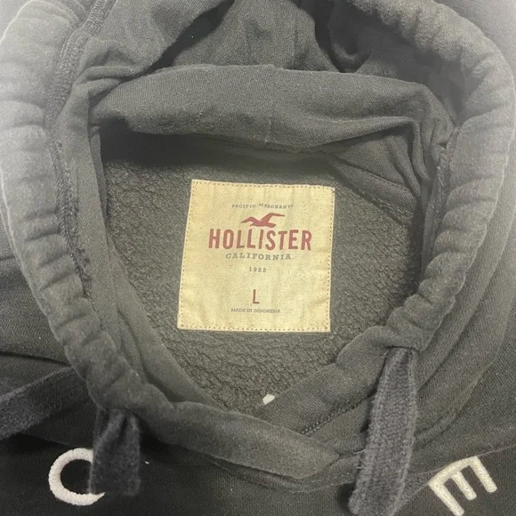 Hollister Black Logo Hoodie Men’s Large Fleece Pullover Cotton Blend Los Angeles - Picture 3 of 7